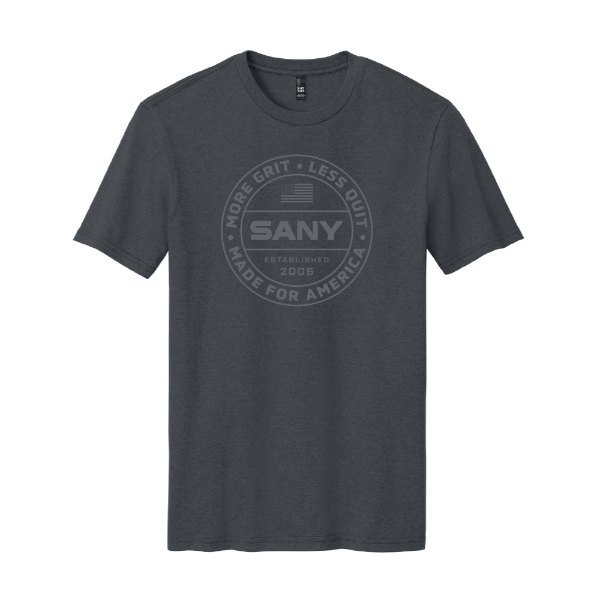Charcoal SANY More Grit t‑shirt with circular “More Grit Less Quit” graphic on the front