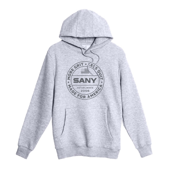 Light heather gray SANY More Grit pullover hoodie with circular “More Grit Less Quit” graphic on the front