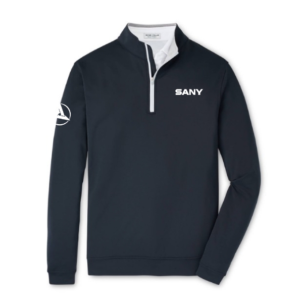 Navy SANY performance quarter-zip pullover with white zipper and embroidered SANY logo on left chest