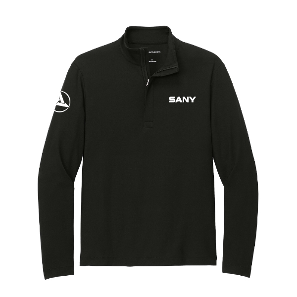 Black SANY quarter-zip pullover with embroidered SANY logo on left chest and stand-up collar