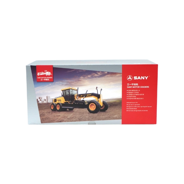 Packaging box of SANY motor grader 1:35 scale model with product branding and specifications