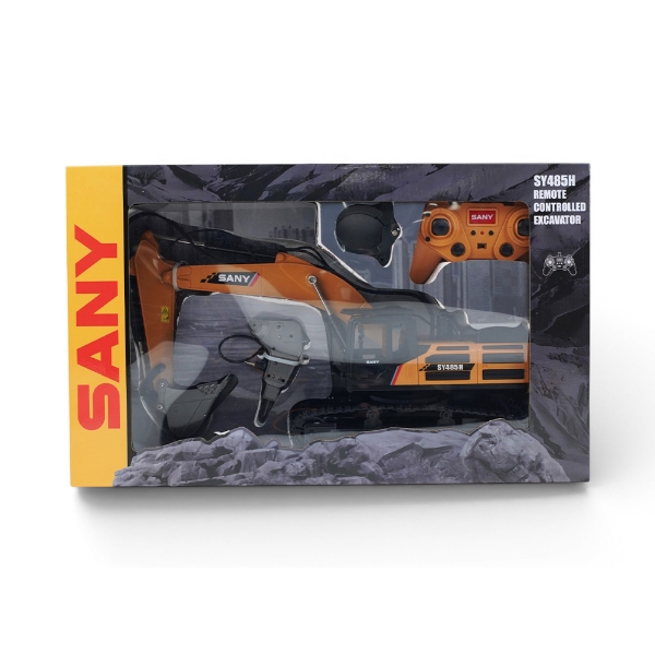 SANY SY485H remote controlled excavator displayed in packaging with orange controller and excavator visible through clear window