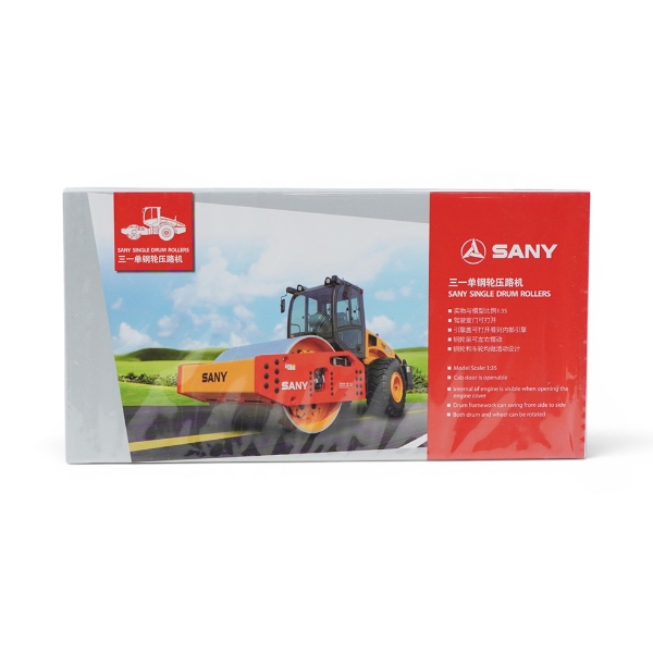 Front of SANY single drum roller 1:35 scale model box featuring product image and feature list