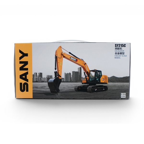 Front of SANY SY215C excavator 1:35 scale model box showing excavator image with city background and scale label