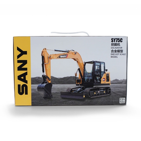 Front of SANY SY75C excavator 1:25 scale model box showing excavator image with blade attachment and scale label