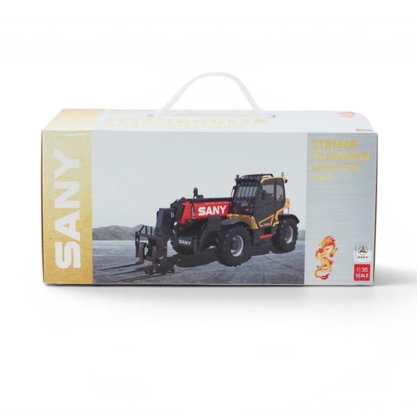 Front of SANY STH1440 telehandler 1:35 scale model box showing telehandler with fork attachment and SANY branding