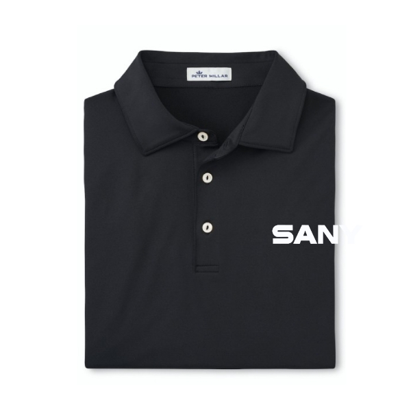 Folded black Peter Millar performance polo with white embroidered SANY logo on the left chest.
