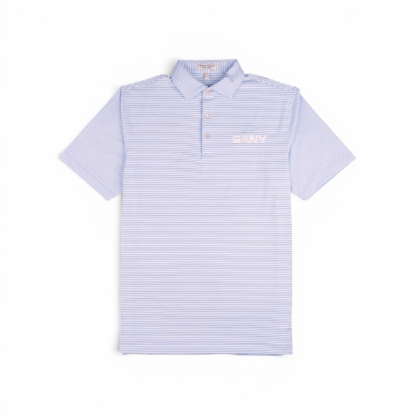 Light blue striped Peter Millar Hales Performance Polo with embroidered white SANY logo on the left chest.