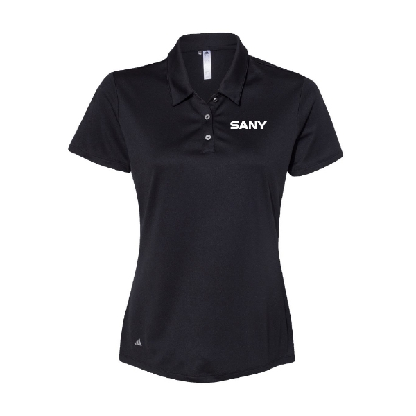 Black women's Adidas Performance Polo with embroidered white SANY logo on the left chest.