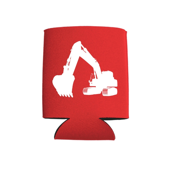 Red SANY neoprene can koozie featuring a white excavator graphic.