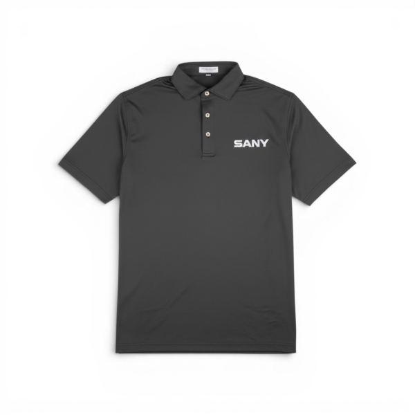 Peter Millar performance polo with white embroidered SANY logo on the left chest.