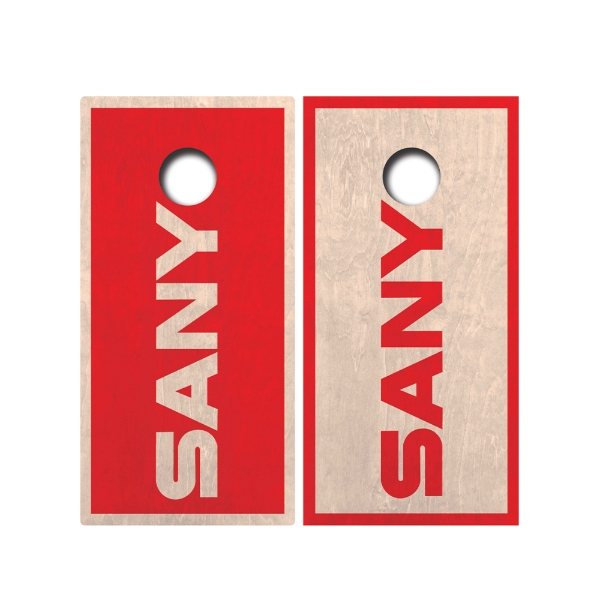 Two SANY Cornhole boards featuring contrasting red and natural wood designs with oversized vertical SANY logos.