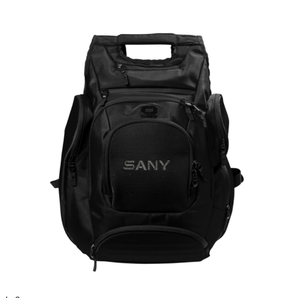 Front: Black SANY OGIO Backpack with embroidered SANY logo, multiple zippered storage compartments, side pockets, and integrated top handle.