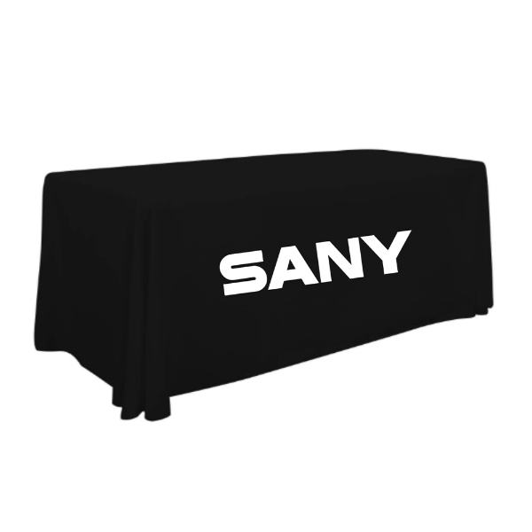 Black SANY 6' Table Cover with large white SANY logo centered on the front panel and a full-length draped design.